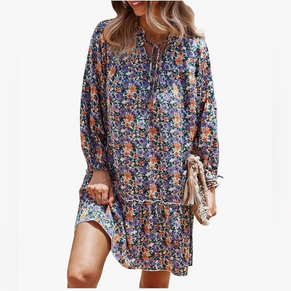 Amazon-Women’s Long Sleeve-Floral-Dress-Boho-Casual-Tunic-Ruffle-Swing-Mini-M - Picture 1 of 9